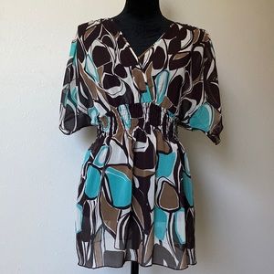 Sheer Multicolor Abstract Blouse w/ Shirred Waist - Speechless
